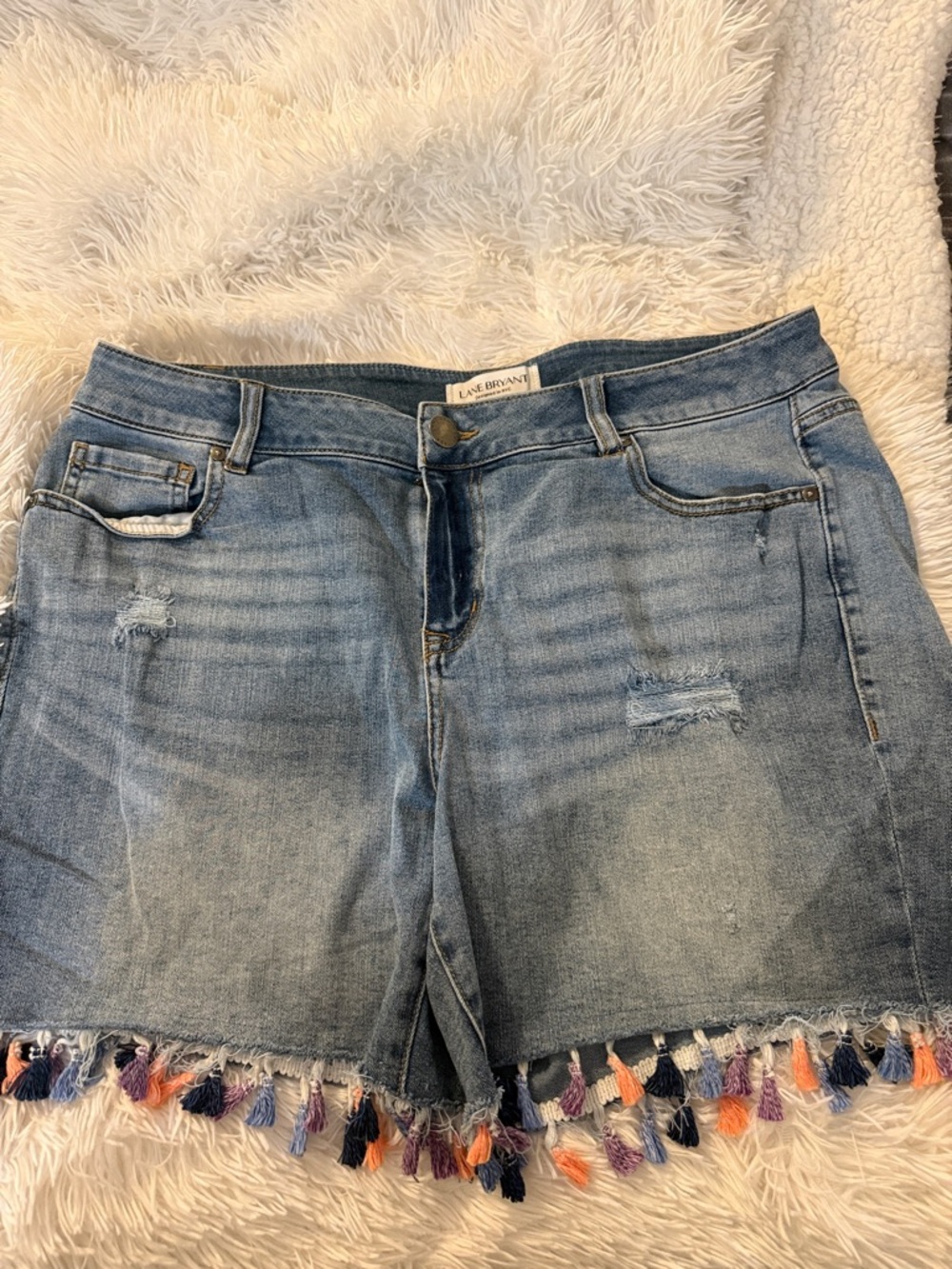 Lane Bryant Light Blue Denim Shorts with Multicolor Tassel Trim